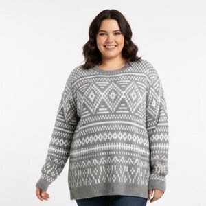 Cupcakes & Cashmere Plus Size 3X Brand New With Tags Grey White Fairisle Sweater